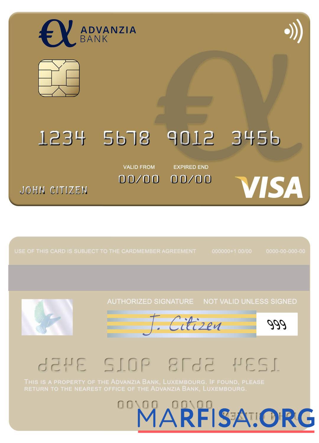 Realistic Luxembourg Advanzia Bank visa card template